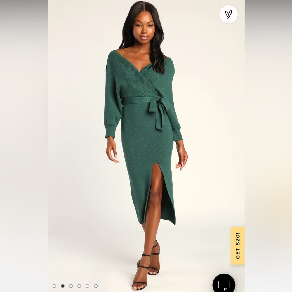 Lulu’s Fall into Fashion Dark Green Dolman Sleeve Sweater Midi Dress XS